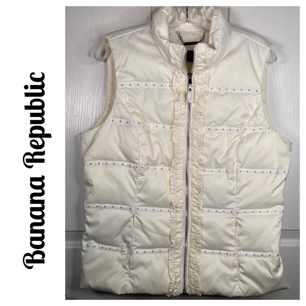 Banana Republic Puffer Vest Silver Embellished Ruffle Front Zipper Sz L